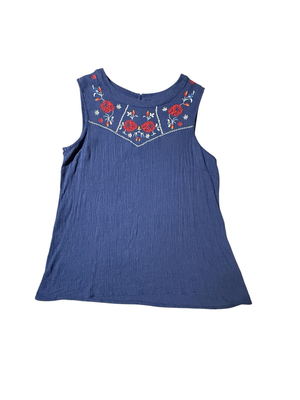 Hannah Blue Embroidered Floral Tank Top Sleeveless Crinkle Gauze Boho Medium
